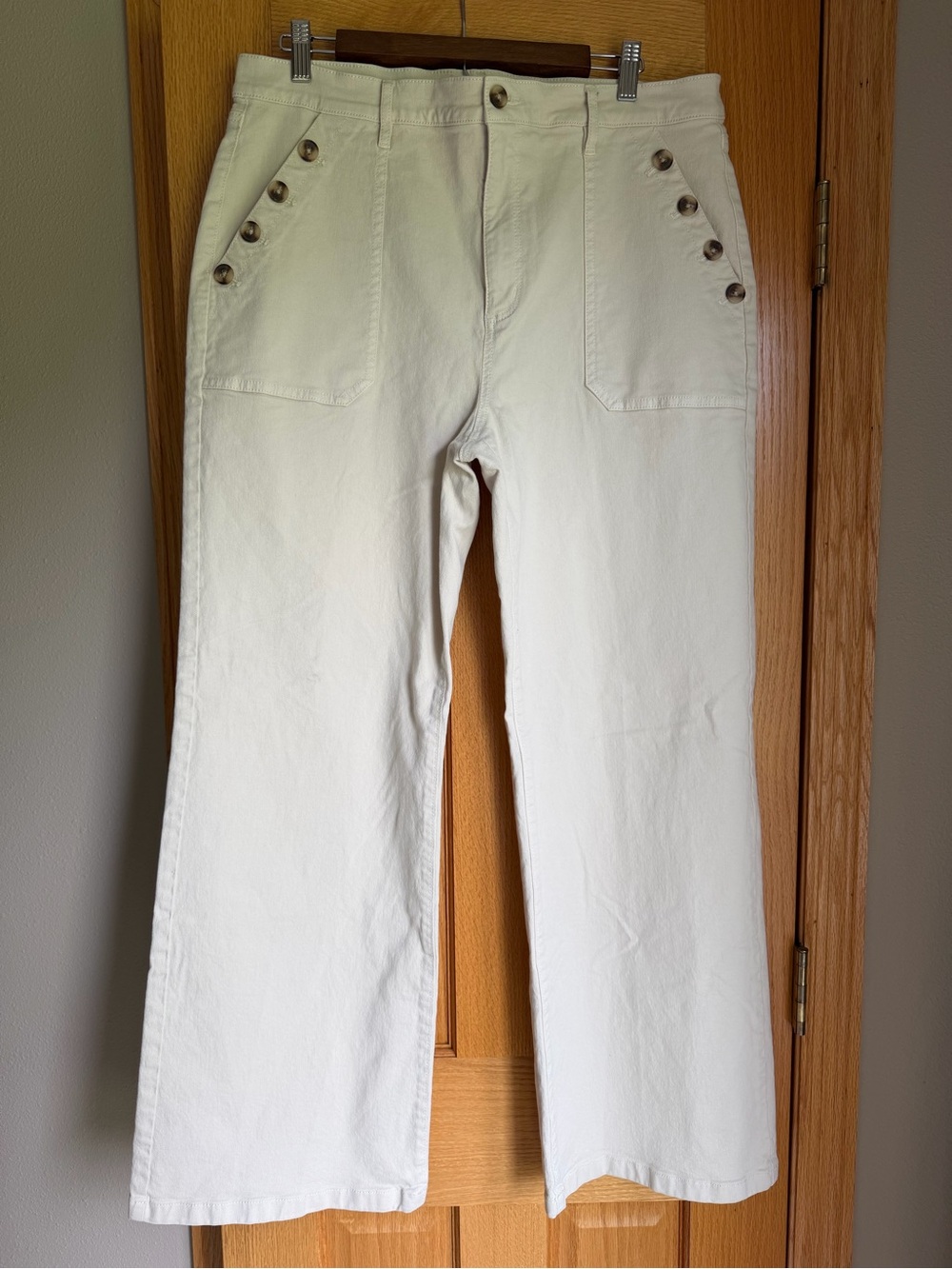 LOFT Cream Sailor Wide Leg Utility Pants Size 14 32 High Rise Stretch